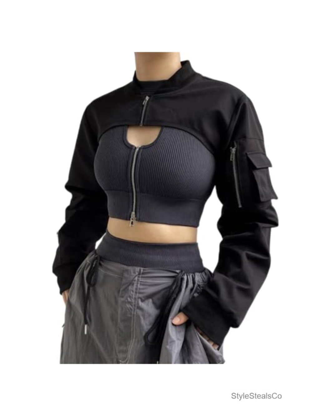Goth Crop Top Jacket Women Zip Up Moto Biker Shrug with Pockets